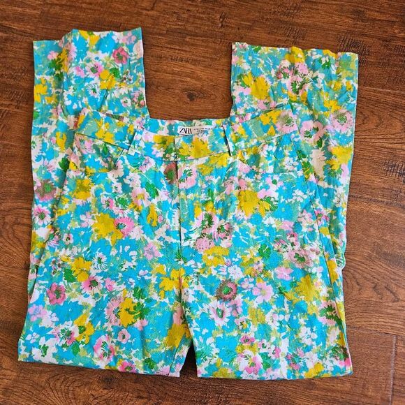 Zara Floral Linen Blend Flared Trousers - Picture 2 of 9